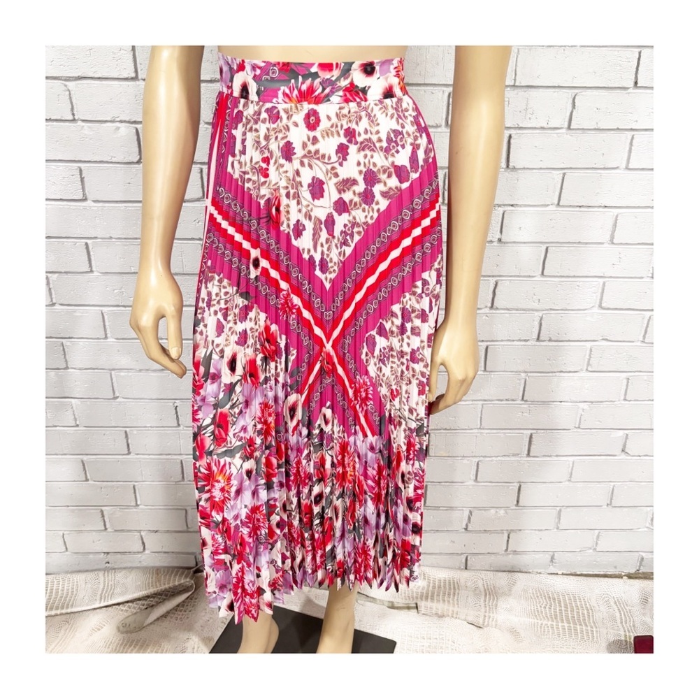 Elie Tahari Women's Pink Floral Print Pleated A-Line High Midi Skirt‎